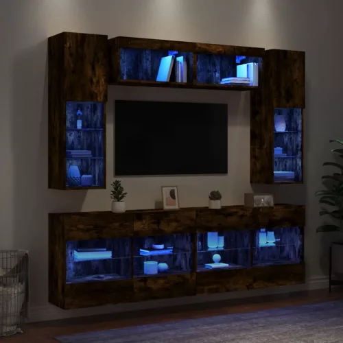 vidaXL 6 darabos füstös tölgy színű fali TV-szekrényszett LED-ekkel
