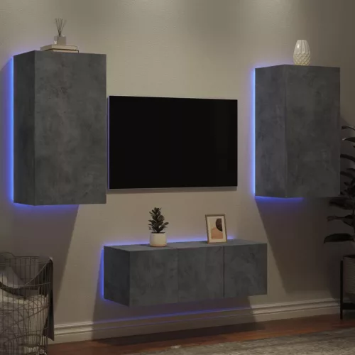 vidaXL 4 darab betonszürke szerelt fa fali TV-bútor LED-del