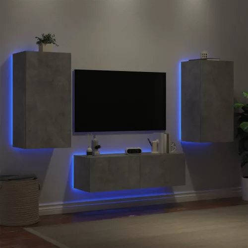 vidaXL 3 darab betonszürke falra szerelhető TV-szekrény LED-del