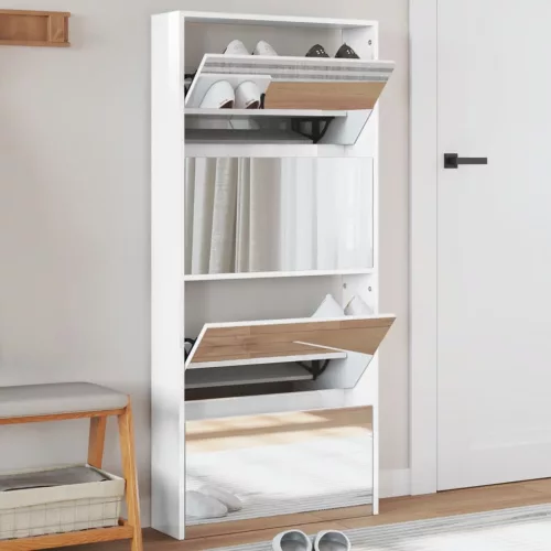 vidaXL 4 szintes magasfényű fehér cipőszekrény tükörrel 63x17x134 cm