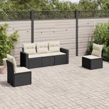   vidaXL 5 részes fekete polyrattan kerti kanapészett párnákkal