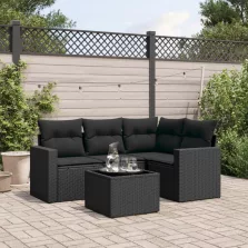  vidaXL 5 részes fekete polyrattan kerti kanapészett párnákkal