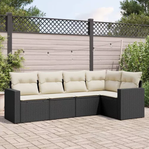 vidaXL 5 részes fekete polyrattan kerti kanapészett párnákkal
