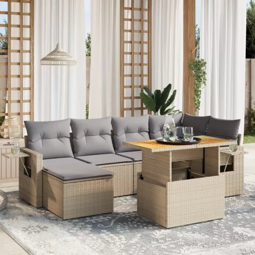 vidaXL 7 részes bézs polyrattan kerti ülőgarnitúra párnákkal