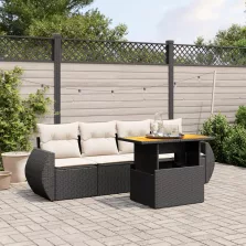   vidaXL 5 részes fekete polyrattan kerti kanapészett párnákkal