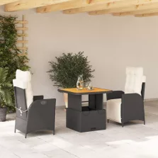   vidaXL 3 részes fekete polyrattan kerti étkezőgarnitúra párnákkal