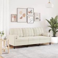   vidaXL 3 személyes krémszínű bársony kanapé díszpárnákkal 180 cm