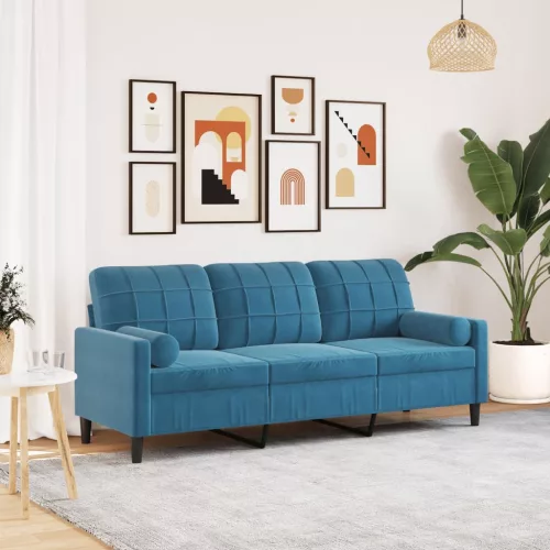 vidaXL 3 személyes kék bársony kanapé díszpárnákkal 180 cm