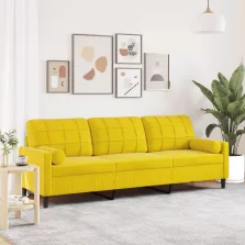   vidaXL 3 személyes sárga bársony kanapé díszpárnákkal 210 cm