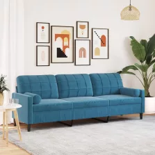   vidaXL 3 személyes kék bársony kanapé díszpárnákkal 210 cm