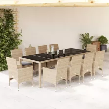   vidaXL 11 részes bézs polyrattan/üveg kerti étkezőgarnitúra párnákkal