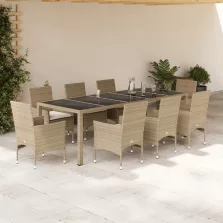  vidaXL 9 részes bézs polyrattan/üveg kerti étkezőgarnitúra párnákkal