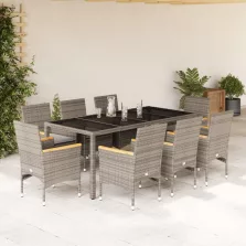   vidaXL 9 részes szürke polyrattan/üveg kerti étkezőgarnitúra párnával