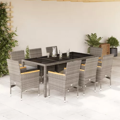 vidaXL 9 részes szürke polyrattan/üveg kerti étkezőgarnitúra párnával