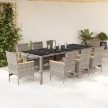   vidaXL 9 részes szürke polyrattan/üveg kerti étkezőgarnitúra párnával