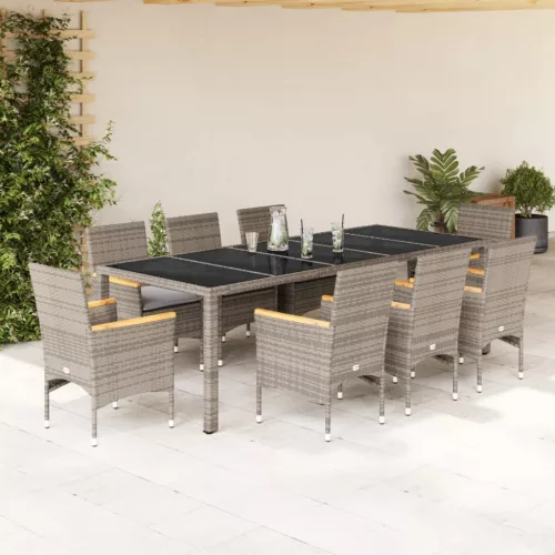vidaXL 9 részes szürke polyrattan/üveg kerti étkezőgarnitúra párnával