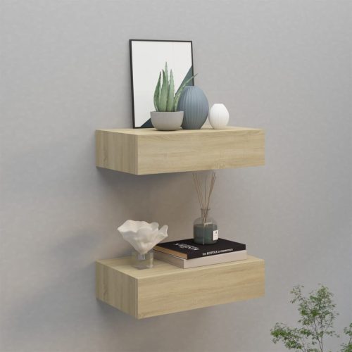 vidaXL 2 db tölgyszínű MDF falra szerelhető fiókos polc 40x23,5x10 cm