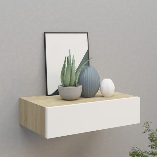 vidaXL tölgyszínű és fehér MDF fiókos fali polc 40 x 23,5 x 10 cm