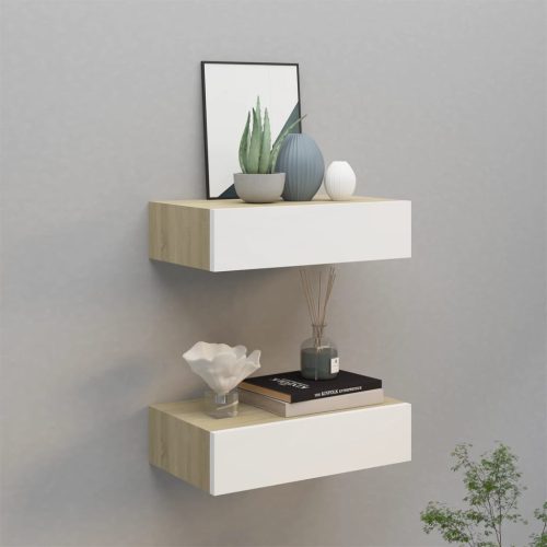 vidaXL 2 db tölgyszínű és fehér MDF fiókos fali polc 40 x 23,5 x 10 cm