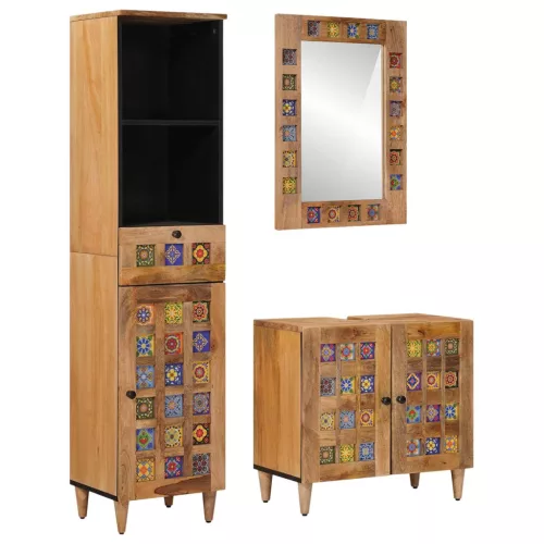vidaXL Fürdőszoba bútor szett fiókkal 3 pcs Természetes Tömör Mangófát