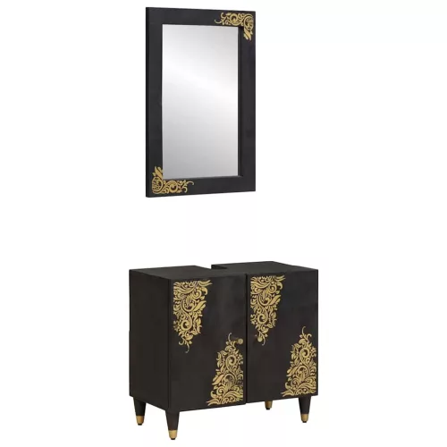 vidaXL Fürdőszobai Szekrény Szett ajtóval 2 pcs Fekete Tömör Mangófát