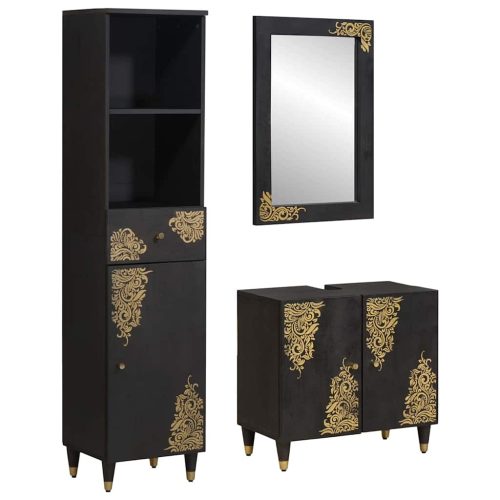 vidaXL Fürdőszobai Szekrény Szett fiókkal 3 pcs Fekete Tömör Mangófát