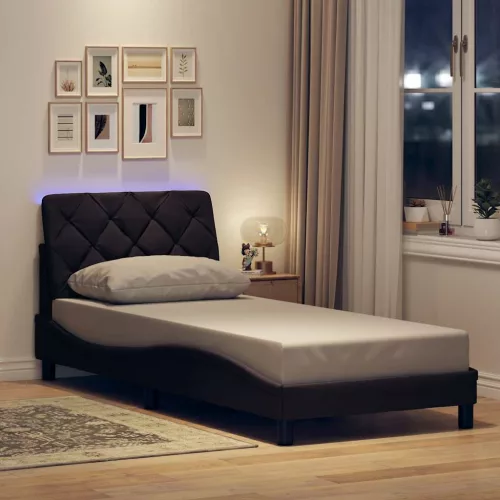 vidaXL sötétbarna szövet ágykeret LED-ekkel matrac nélkül 90x190 cm