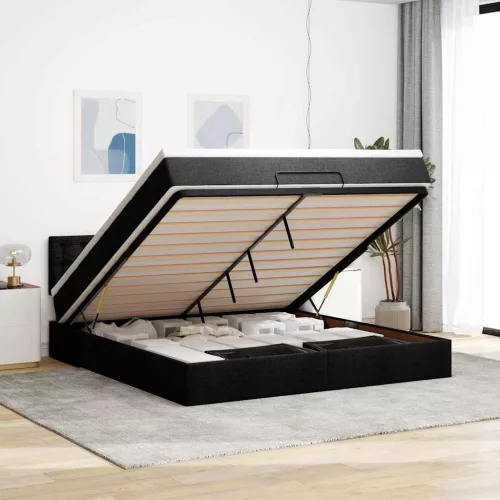 vidaXL fekete szövet ottomán ágy matraccal & LED-ek 180x200cm