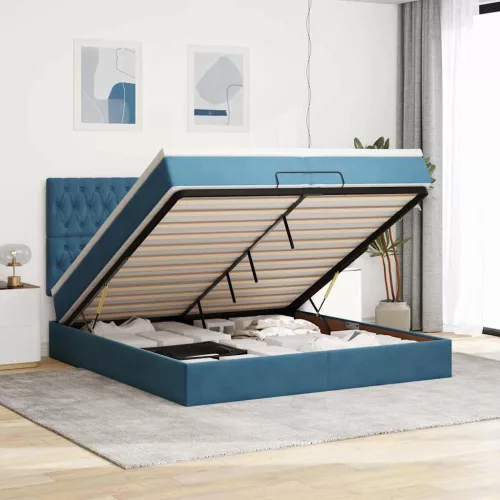 vidaXL Ottomán ágykeret matracokkal Sötétkék 200x200cm bársony