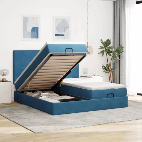 vidaXL Ottomán ágykeret matracokkal Sötétkék 200x200cm bársony