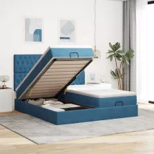   vidaXL Ottomán ágykeret matracokkal Sötétkék 200x200cm bársony