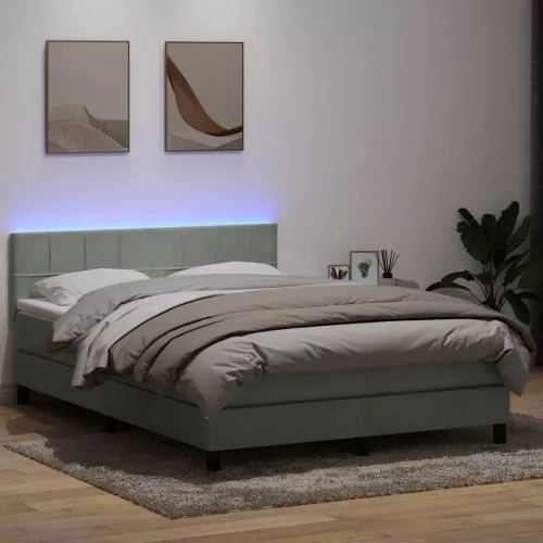 vidaXL világosszürke bársony rugós és LED-es ágy matraccal 160x220 cm