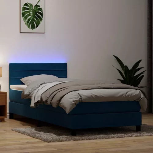 vidaXL sötétkék bársony rugós és LED-es ágy matraccal 80x210 cm