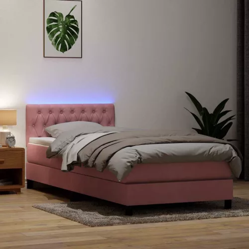 vidaXL rózsaszín bársony rugós és LED-es ágy matraccal 90x210 cm