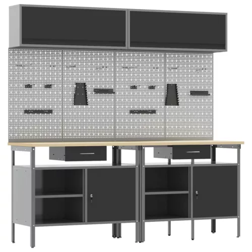 vidaXL Munkapad készlet fiókkal 8 pcs Fekete és Szürke Porszórt acél