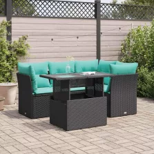   vidaXL 5 részes fekete polyrattan akácfa kerti kanapészett párnákkal
