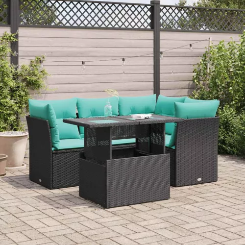 vidaXL 5 részes fekete polyrattan akácfa kerti kanapészett párnákkal