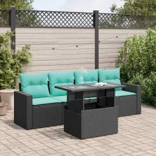   vidaXL 5 részes fekete polyrattan akácfa kerti kanapészett párnákkal