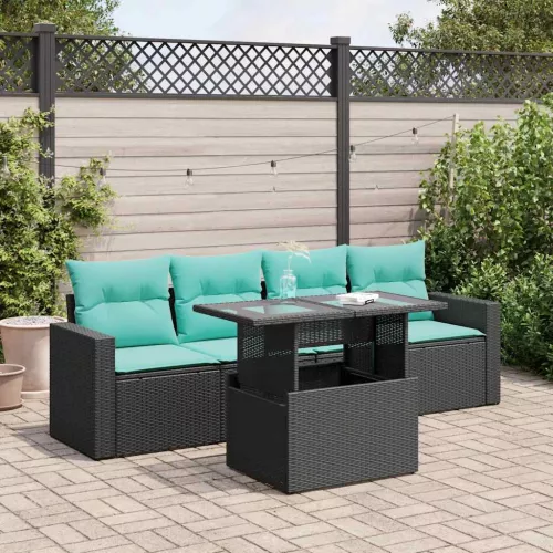 vidaXL 5 részes fekete polyrattan akácfa kerti kanapészett párnákkal