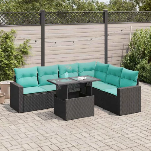 vidaXL 7 részes fekete polyrattan akácfa kerti ülőgarnitúra párnákkal