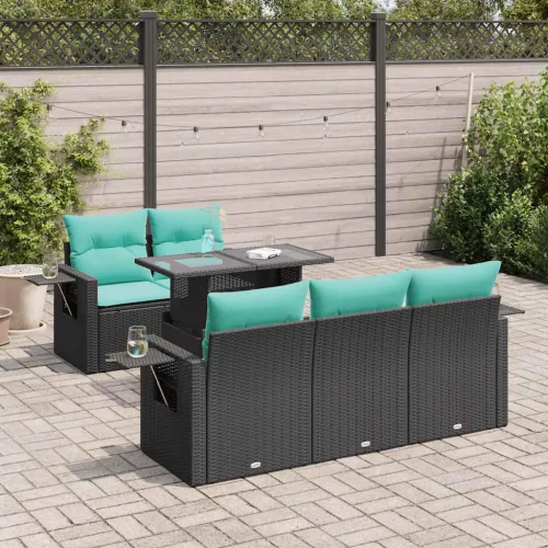 vidaXL 6 részes fekete polyrattan akácfa kerti ülőgarnitúra párnával