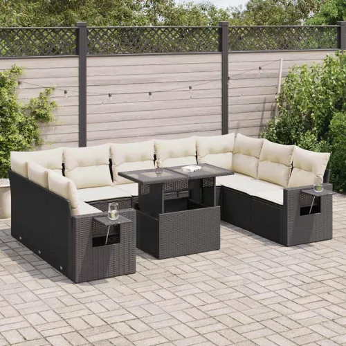 vidaXL 10 részes fekete polyrattan kerti ülőgarnitúra párnákkal
