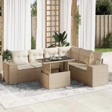   vidaXL 7 részes bézs polyrattan kerti ülőgarnitúra párnákkal