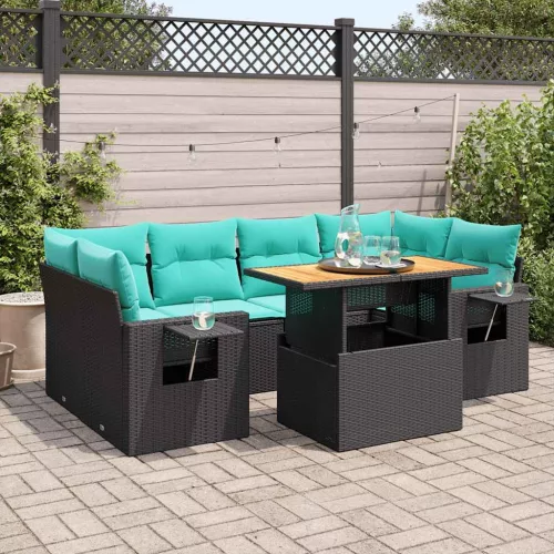 vidaXL 7 részes fekete polyrattan kerti ülőgarnitúra párnával