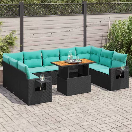 vidaXL 10 részes fekete polyrattan kerti ülőgarnitúra párnákkal