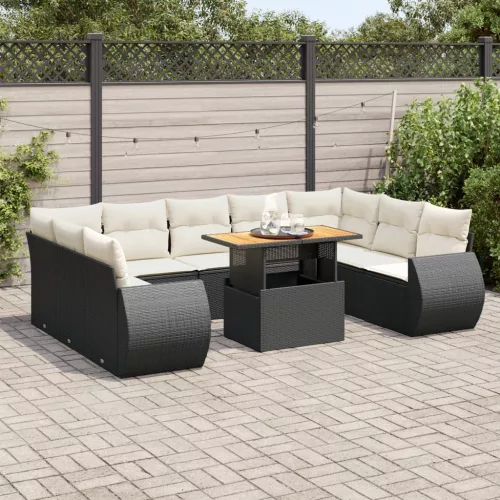 vidaXL 10 részes fekete polyrattan kerti ülőgarnitúra párnákkal