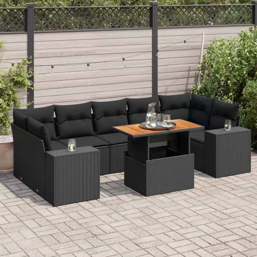 vidaXL 8 részes fekete polyrattan kerti ülőgarnitúra párnákkal