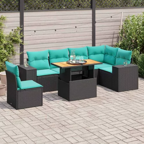 vidaXL 7 részes fekete polyrattan kerti ülőgarnitúra párnával