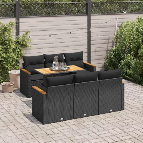 vidaXL 7 részes fekete polyrattan akácfa kerti ülőgarnitúra párnával