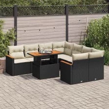   vidaXL 9 részes fekete polyrattan akácfa kerti ülőgarnitúra párnákkal